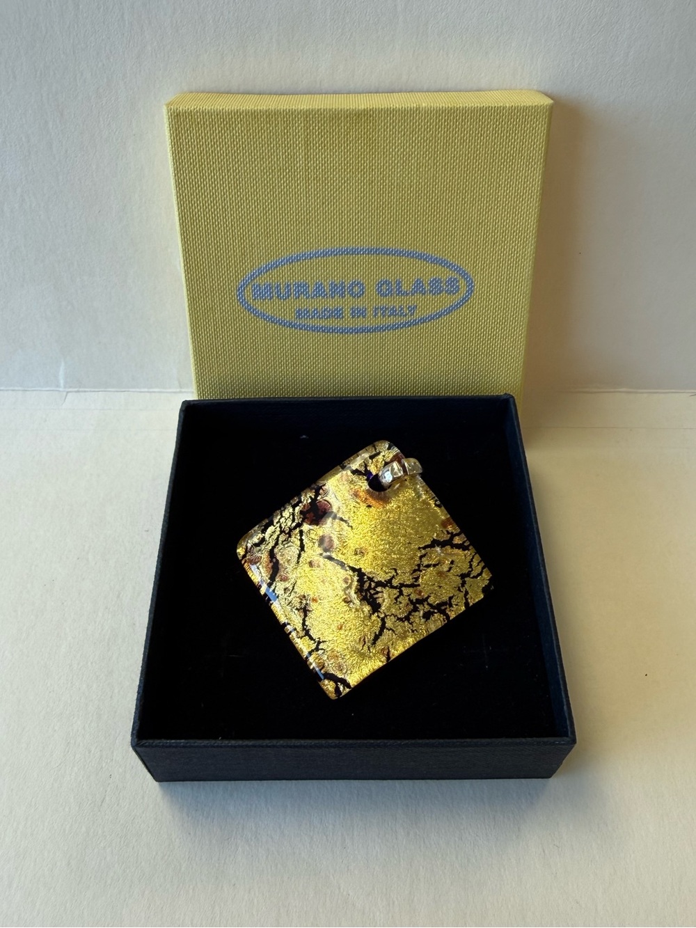 Murano Glass Diamond Square Gold Foil and Blue Glass Statement Pendant.